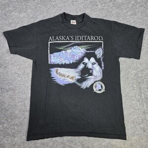 Vintage Alaska Iditarod‎ Shirt Mens Medium Black Wolf Sled Dog Anvil USA 90s